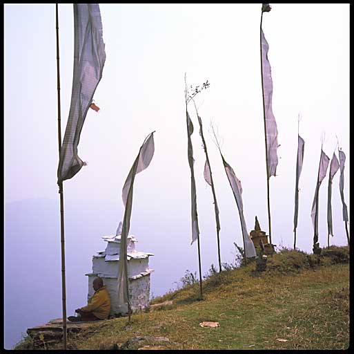 monk sitting with flags